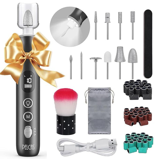 PELCAS Electric Nail Grinder, 10 Speeds Cordless Nail Drill with LED Light, Portable Manicure and Pedicure Kit, Nail File with LCD Screen for Human, Pet, Thick Toenails, Natural & Acrylic Nails Grey
