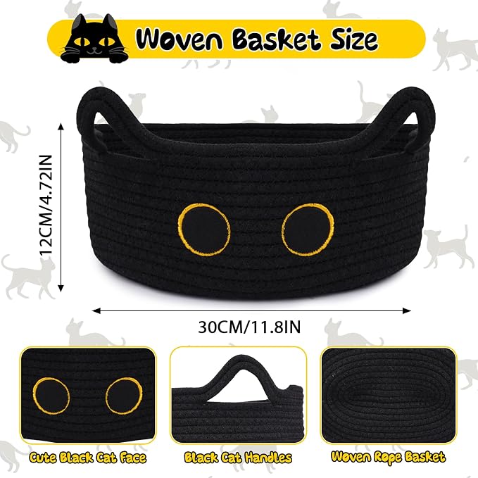 Black Cat Toy Basket for Nursery,Small Cute Cat Oval Woven Rope Basket | Cotton Rope Storage Toy Bin, Baby Shower Blanket Hamper 0rganize Box with Handles,Gifts Empty Storage Cat Bin,12"D x 5"H in