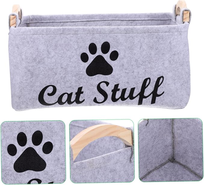 Wakauto Pet Organizer Bin with Handles Felt Storage Basket for Dog and Cat Accessories Portable Square Chest Container for Tidy Storage and Home Gray