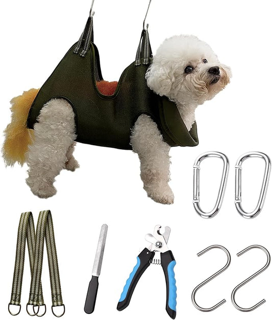 Kkiimatt 10 in 1 Dog Grooming Hammock Harness with Clippers/Trimmer, Dog Nail Hammock, Grooming Sling Holder Hanger Restraint for Nail Trimming/Clipping (S/Under 30lb, Khaki Green)