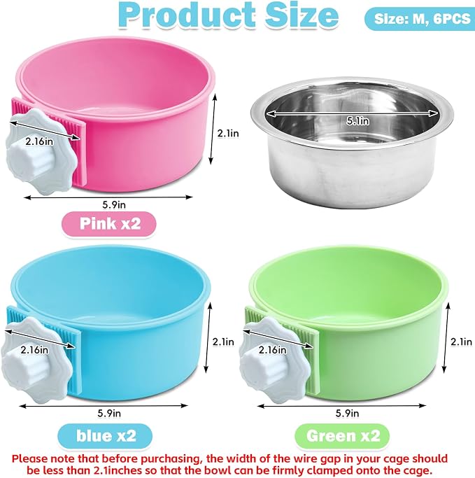 kathson Crate Dog Bowl, Removable Stainless Steel Hanging Pet Cage Bowl Food & Water Feeder Coop Cup for Cat, Puppy, Birds, Rats, Guinea Pigs (6 PCS, Size: M, 2×Blue,2×Green,2×Pink) (Pack of 2)