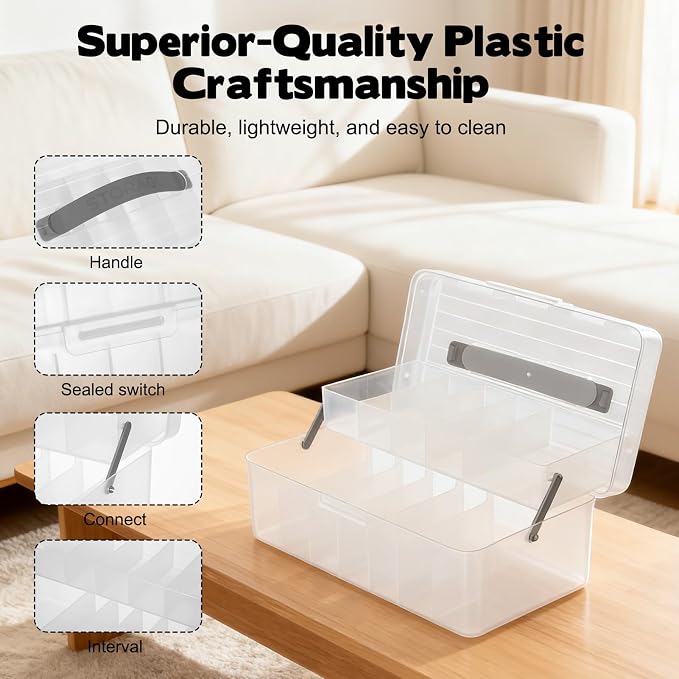 Clear Plastic Bandages Storage Organizer, 2 Tiers Bandage Storage with Lid and Handle, First Aid Box, Large Portable Medicine Container Holder Empty, Suitable for Home, Office, Travel, School, Office