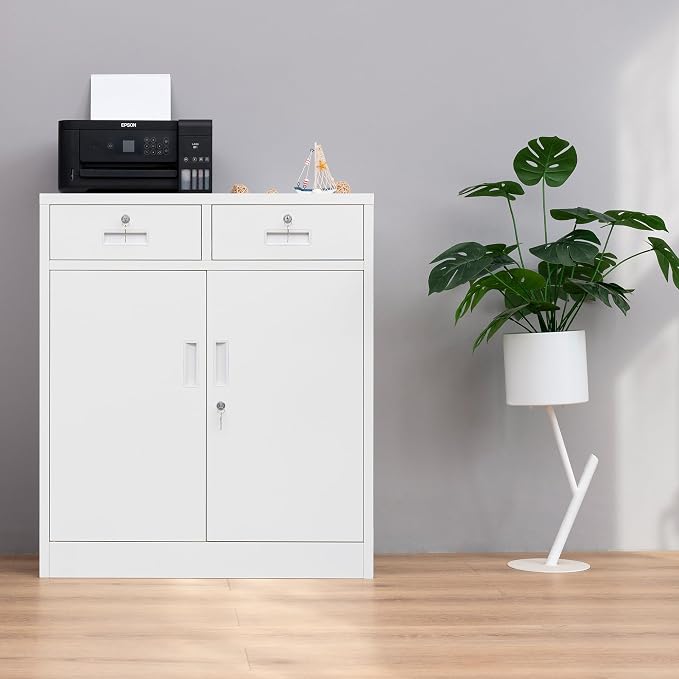 Wanfu Metal Storage Cabinet, Locking Storage Cabinet with Adjustable Shelf, 36" H Metal Cabinets with 2 Drawers for Office, Garage, Home-White