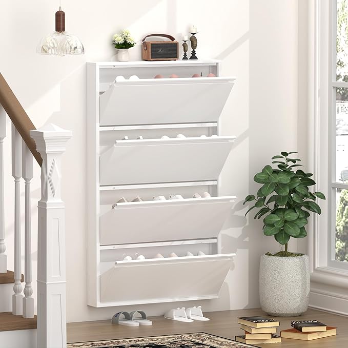 GREATMEET Shoe Rack for Closet, 6 Inch Slim Wall Mounted Shoe Cabinet, Narrow White Hidden Metal Shoe Storage with 4 Flip Drawers, Tall 57 Inch Steel Organizer Rack for Entryway Hallway Small Spaces