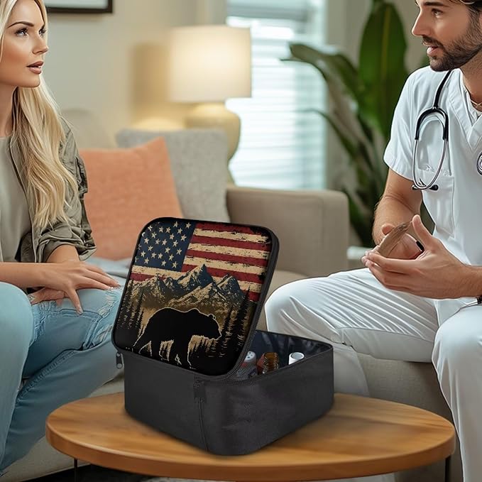 Rnyleeg American Flag Bear First Aid Storage Bag Medium First Aid Kit Empty Water Resistant Medical Kit for Home Travel Camping Easy to Use and Clean