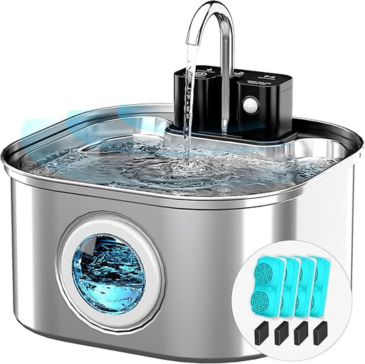 Lawfery Wireless Cat Water Fountain Stainless Steel with 4 Filters & 4 Sponges, 3.2L/108oz Battery Operated Pet Fountain, Cordless Pet Water Dispenser for Cats and Dogs