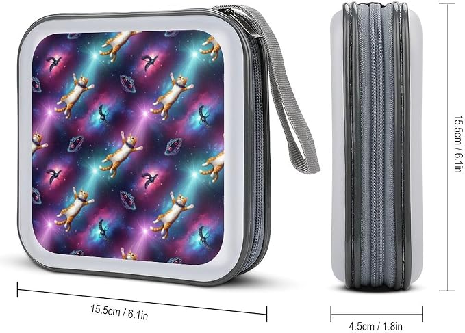 Hard Plastic Protective CD Case Funny Space Cat, 40-Disc Capacity Storage Binder with Zipper, Portable Organizer for Home Office