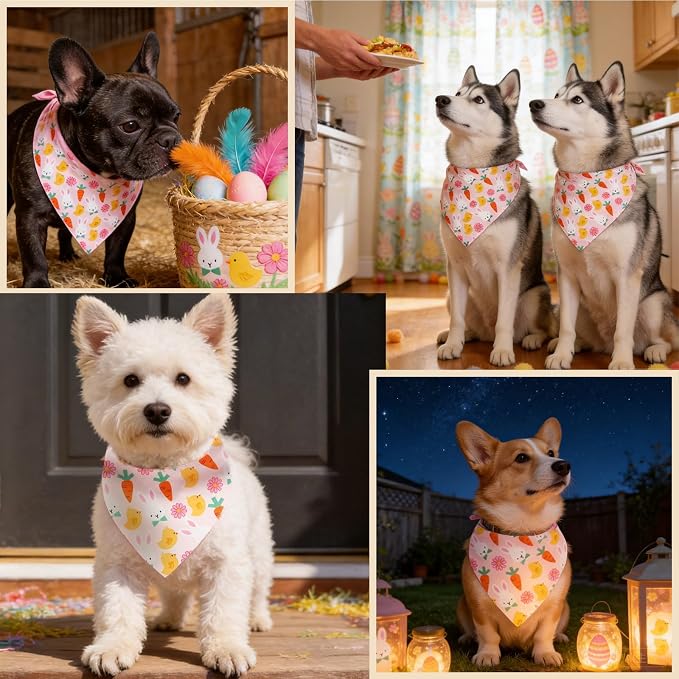 Dog Bandana for Easter Day - Lovely Bunny Carrot Chicken & Daisy Flower Theme, Holiday Pet Costumes Scarf with Adjustable Snap Button, Large to Giant Breeds (75lbs+)