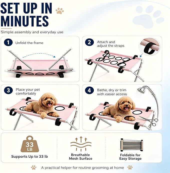 2-in-1 Foldable Pet Grooming Bed, Portable Pet Bathing Stand (Blue,B) | Dog Grooming Hammock with Foldable Frame and Mesh Side Pockets, Suitable for Pet Washing Maintenance Travel Grooming