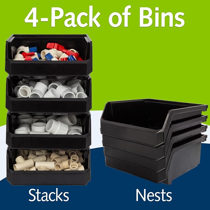 Medium-Wide Stackable Plastic Storage Bins, 4-Pack, Black | Open-Front Stackable Bins For Garage, Pantry, Closet & Office, 11"L X 11"W X 5"H, Nests When Empty, Durable Plastic
