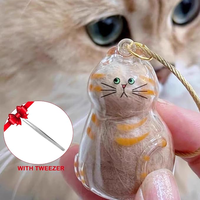 Cute Cat Hair Keychain Transparent Pet Fur Keepsake with Tweezer | Portable Cat Fur Keychain DIY Pet Hair Memorial Keepsake Cats Hairs Collector Charm Storage Box, Cats Lover Collecting Gifts