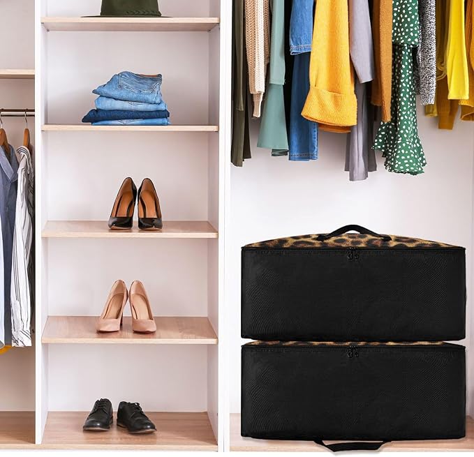 Comforter Storage Bags Large Folding Blanket Organizer Bag with Strong Handles Clear Window Closet Storage Containers for Clothes King Queen Pillows Bedding Quilt Duvet Brown Black Leopard Wild