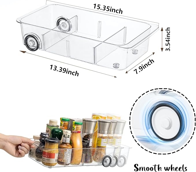 Fridge Organizer and Storage Drawer Roll Out Refrigerator Bins,2 Pack | Silicone Wheels,3 Pack Adjustable Dividers ,Easy to Clean for Pantry Storage Bins, Kitchen Organization