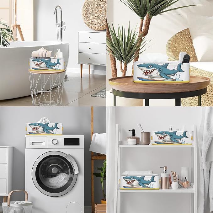 Shark Surfing Cartoon Blue Bathroom Storage Basket, Foldable with Handle Open Countertop Paper Towel Decorative Box, Toilet Tank Top Shelf Baskets for Home Closet Bedroom Living Room Office
