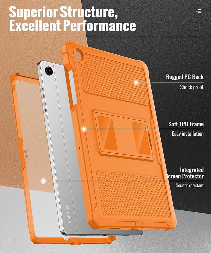MoKo Shockproof Case Fit Samsung Galaxy Tab A11+ Plus/ A9+ 11 Inch | Full Body Rugged Stand Back Cover with Built-in Screen Protector for Galaxy Tab A11+/ A9+ Tablet, Orange