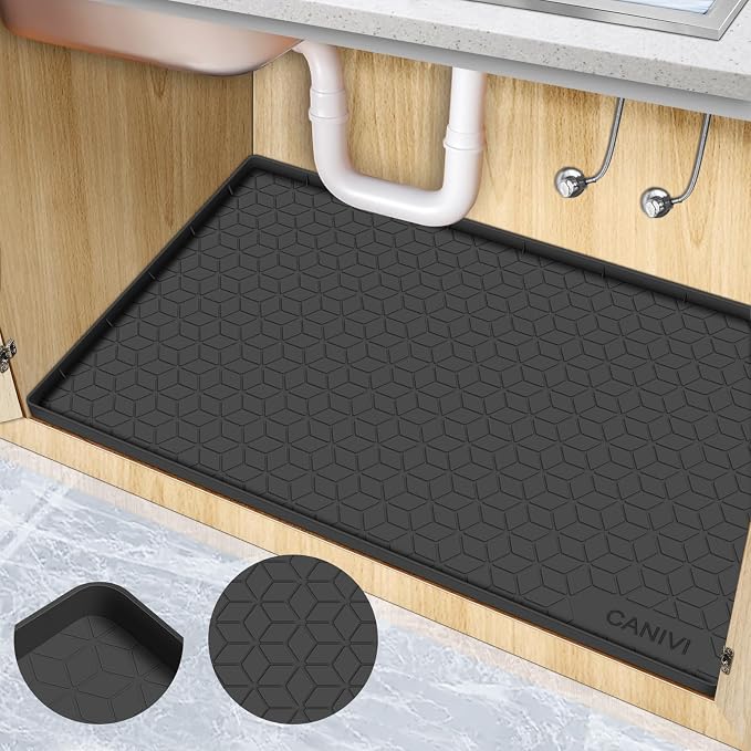 Under Sink Mat, 28"x22" Waterproof Tray for Cabinet, Holds 3 Gal | Silicone, Fits 36 inch Standard Cabinet,Leakproof & Easy Clean, Ideal for Kitchen & Laundry, Protects Shelf from Water Damage