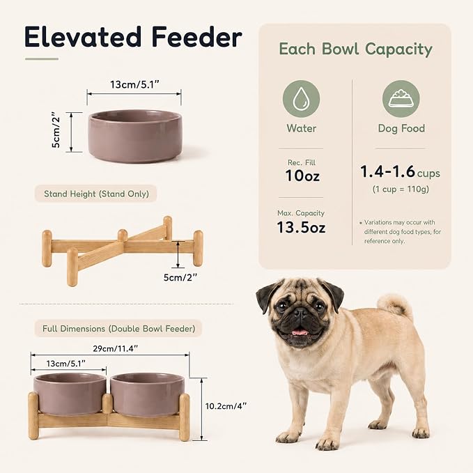 Havniva Ceramic Dog Bowls Elevated, Raised Dog Food Bowl for Puppies | 5.1” Elevated Dog Bowls, Non-Slip Wood Stand, Dog Food and Water Bowl Set, Dog Feeding Dish, Large Capacity Pet Water Bowl