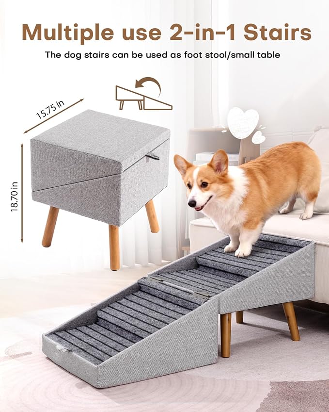 17" H Split Ottoman Dog Ramp for Couch, Foldable Dog Stairs for Small Dogs | Non-Slip,2 in 1 Pet Steps for Medium Large Dogs and Puppy, Wooden Doggie Steps