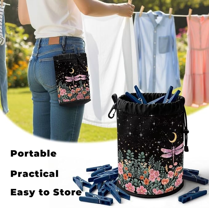 Dragonfly Floral Clothespin Storage Bag Drawstring, Laundry Peg Organizer Pouch with Metal Button for Hanging, Portable Clips Holder for Drying Rack, Camping, Dorm