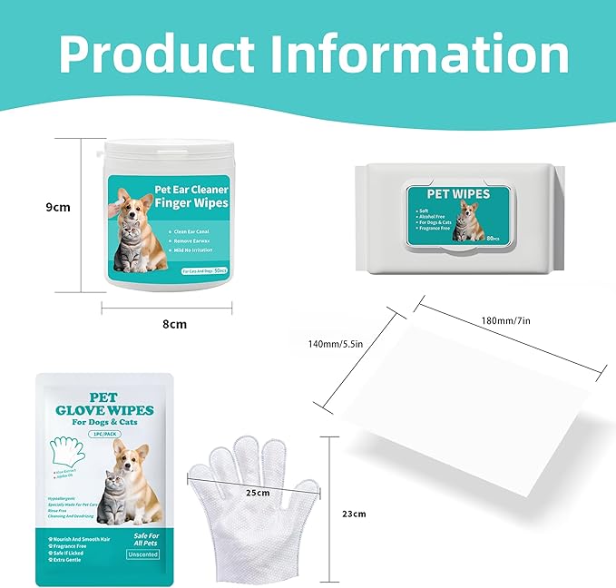 Pet Wipes 3-in-1 Kit for Dogs & Cats - Pet Cleaning Gloves, Ear Cleaner Finger Wipes & Body Wipes, Hypoallergenic Thickened Formula, Deodorizing & Rinse-Free for Grooming Travel