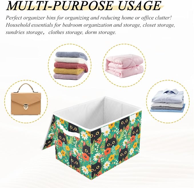 Cute Cat Fabric Fabric Storage Bins with Lid Closet Bedroom Storage | Foldable & Stackable, Flip Top Dust Guard, Reinforced Handles, Home & Bedroom, Clothes & Toys, Oxford Print Basket