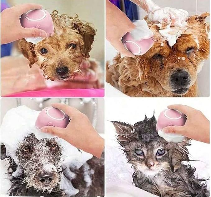 Dog Bath Brush with Shampoo Dispenser – Soft Silicone Pet Massage Scrubber for Short & Long Haired Dogs & Cats – Shedding & Grooming Brush for Deep Cleaning – Stress-Free Pet Bathing Supplies (Pink)