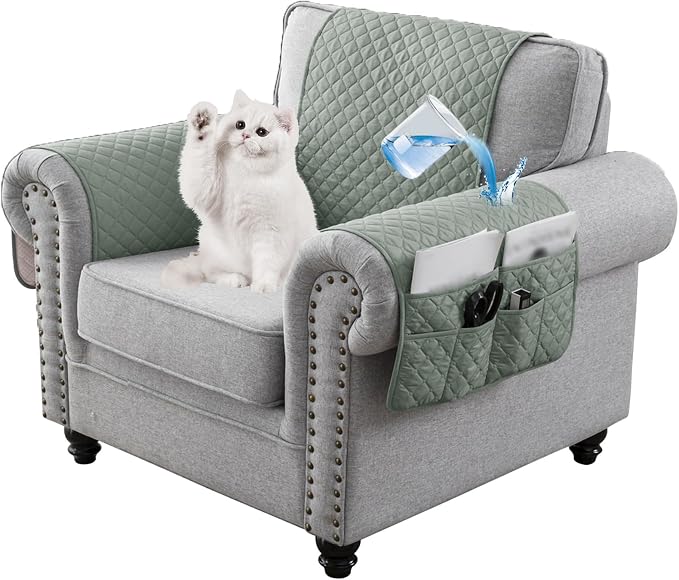 Water-Resistant Sofa Armrest and Headrest Covers with Side Pocket | Keep remotes close quilted polyester helps guard against wear, pet scratches, and kids' messes silicone backing adds grip