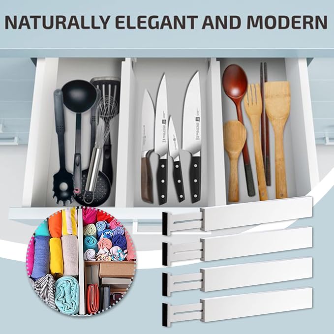 4 Pack Bamboo Drawer Dividers 2.6" High, Adjustable from 12 Inch to 17 Inch | Expandable Kitchen Drawer Organizer Separators for Clothes, Kitchen, Bedroom, Dresser, Office (White)