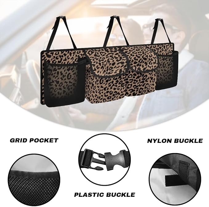 Dreaweet Brown Leopard Print Trunk Organizer for Car Women Backseat Hanging Organizer with 4 Pockets Cheetah Print Car Accessories Interior Foldable Car Seat Storage Bag for Cars SUV Trucks Sedan