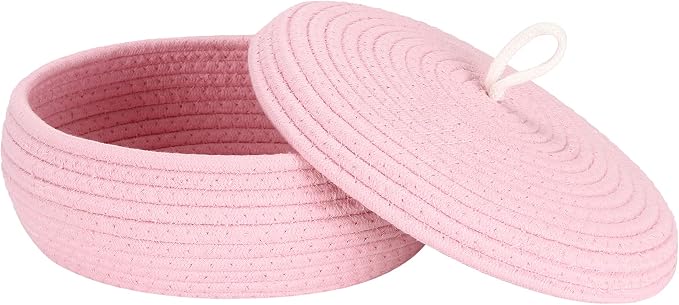 Sea Team Round Woven Cotton Rope Storage Basket with Lid, Pink | Lidded Knitted Decorative Storage Bin, Pot, Caddy, Organizer, Container for Snacks, Towels, Plants, 10 x 4.5 Inches