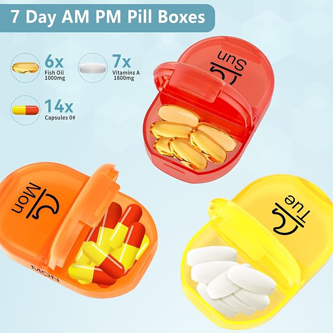 Serfeymi Weekly Pill Organizer 2 Times a Day AM PM Travel Pill Box 7 Day | Medicine Pill Organizer with Protection Pill Case Daily Medication Box for Vitamins,Supplement-Clear Case + Rainbow Pill Box