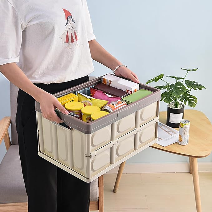 Collapsible Storage Box with lid 30L Lidded Storage Bin Crates Plastic Tote Container Stackable Folding Utility Crates Shelf Basket for Clothes Books Snack Shoe Storage Container (Khaki)