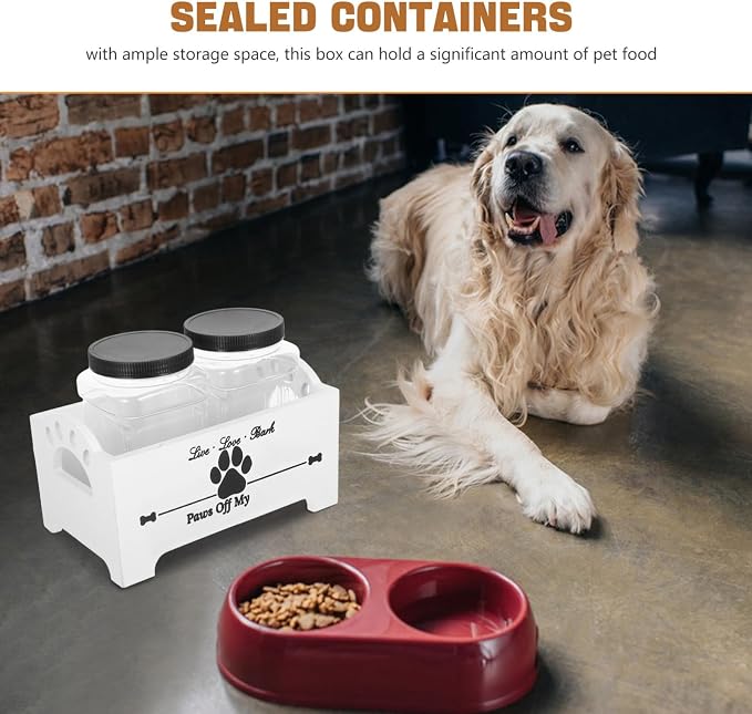 Yardwe Wooden Dog Food Storage Box with Two Airtight Jars, Pet Treat Organizer Bin for Home Use, White Solid Wood Snack Crate for Dog Food and Pet Accessories