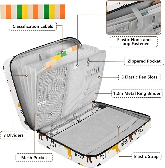 SUABO Pet Dogs Yellow Black Expanding File Folder Binder Bag | Accordion File Organizer with Zipper & Labels, 3 Ring Binder, Multi Pockets for Office School Home Portable Lightweight