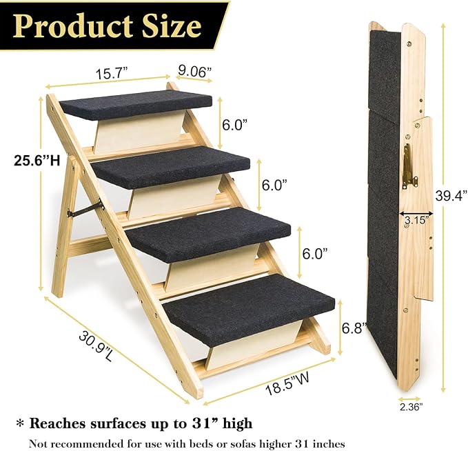 BRIKY 2-in-1 Dog Stairs/Ramp with 4 Steps | Foldable Dog Stairs for High Beds Cars Couch, Durable Wooden Pet Stairs for Small Medium Large Dogs, No Assembly Required