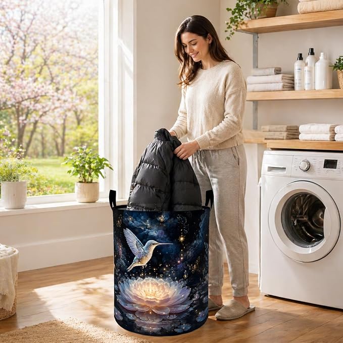 Bird Hummingbird Laundry Basket, Glowing Lotus Flower Oxford Cloth Dirty Clothes Collapsible Hamper for Room Decor, Nature Gifts, Toy Organizer 19.7 x 15.7 Inches for Bedroom Bathroom Dorm