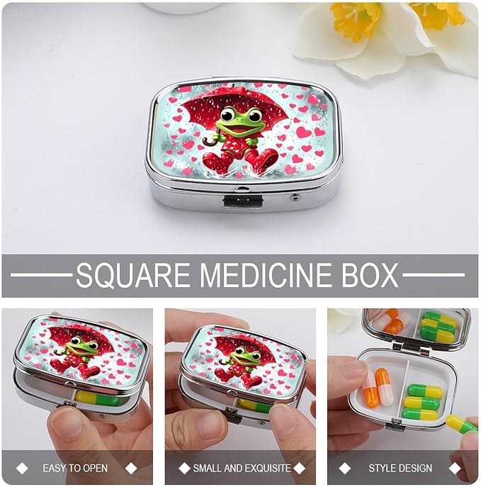 Frog Playing in The Rain Durable Metal Pill Case for Daily Use, 2 Slot Medicine Box Organizer,Leak Proof Travel Pill Container for Vitamins, Compact Pocket Medicine Holder for Seniors,Holiday Gift