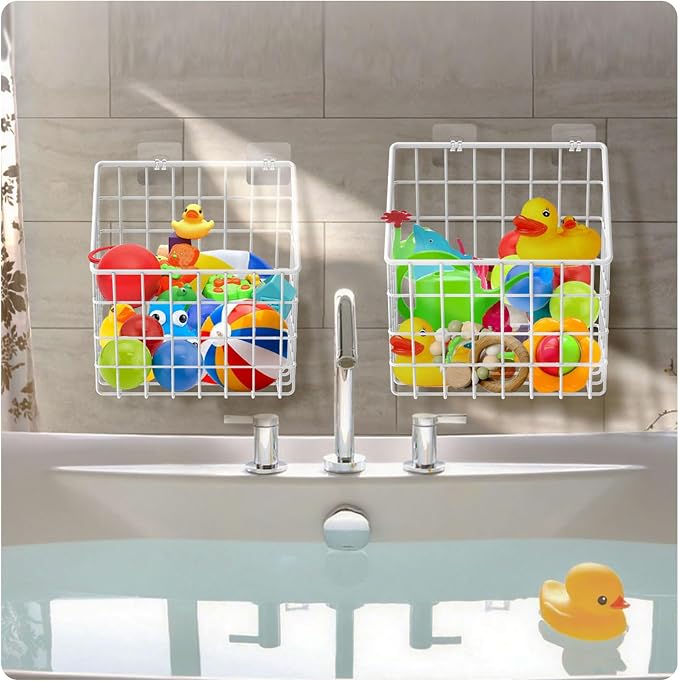 Greentainer 2 Pack Bath Toy Storage Organizer, Large Rustproof Metal Wire Basket, Wall Mounted Hanging Bathtub Holder, Bathroom Shower Caddy for Tub Toys & Toiletries