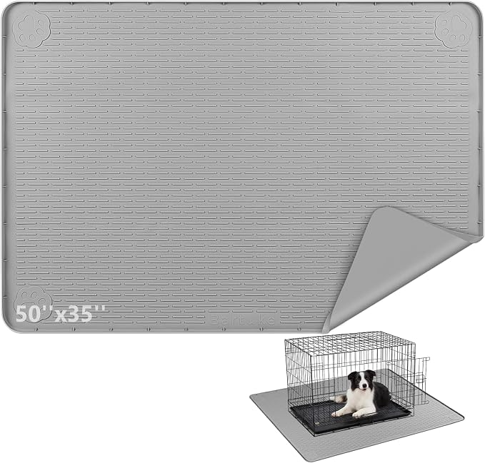 Silicone Dog Crate Mat 50"x 35" Under Dog Crate Kennel Pad Mat, Light Grey | Extra Large Dog Cage Mat, Non-Slip Waterproof Dog Playpen Mat, Reusable Washable Dog Mat for Crate, Protect Floors