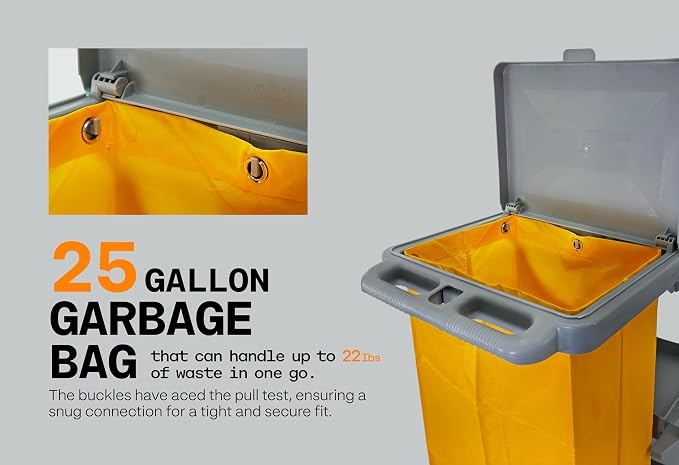 Commercial Janitorial Cart | 3 Shelves | 25 Gallon Vinyl Bag | Adjustable Shelf | 500 LBS Capacity