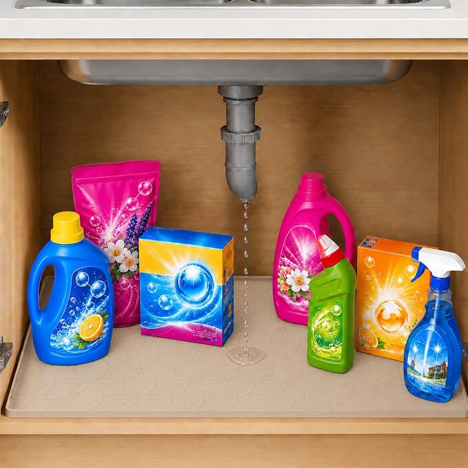34"x22" Silicone Shelf Liner & Waterproof Under Sink Mat(Beige) | Durable Under Sink Organizer Tray with Raised Edge, Protects Bottom Cabinets & Shelves from Leaks & Cleaning Supplies