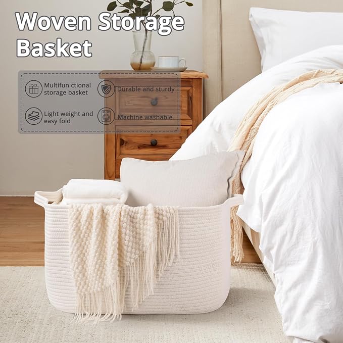 OIASKET White Storage Baskets for Organizing, Toy Basket Storage Kids, Nursery Cotton Rope Baskets for Living Room, Deorative Organizer Bin Box (White)