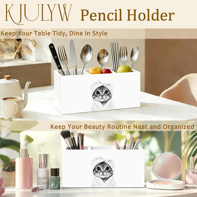 Cat Toothbrush holder Gifts，Cat Pen Holder for Desk, Funny Bathrobe Kitty Wooden Box Toothbrush Organizer for Bathroom Powder Room Desk Accessories