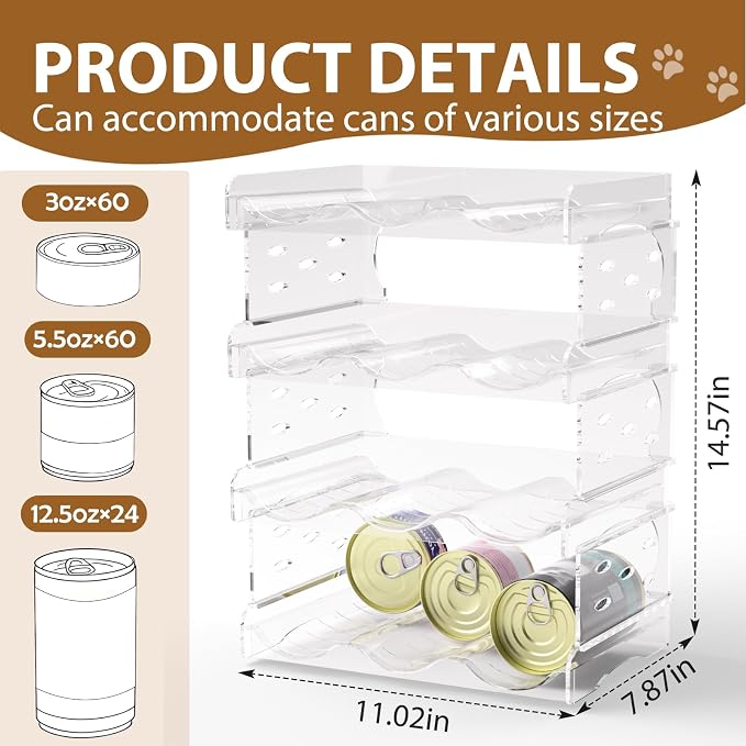 Flenpptly Cat Food Can Organizer, 4-Tier Cat Food Organizer | Transparent Can Organizer for Pantry, Canned Food Organizer Holds 60 (3oz) Cans, Pantry Can Organize (4-Tier 3-Can)