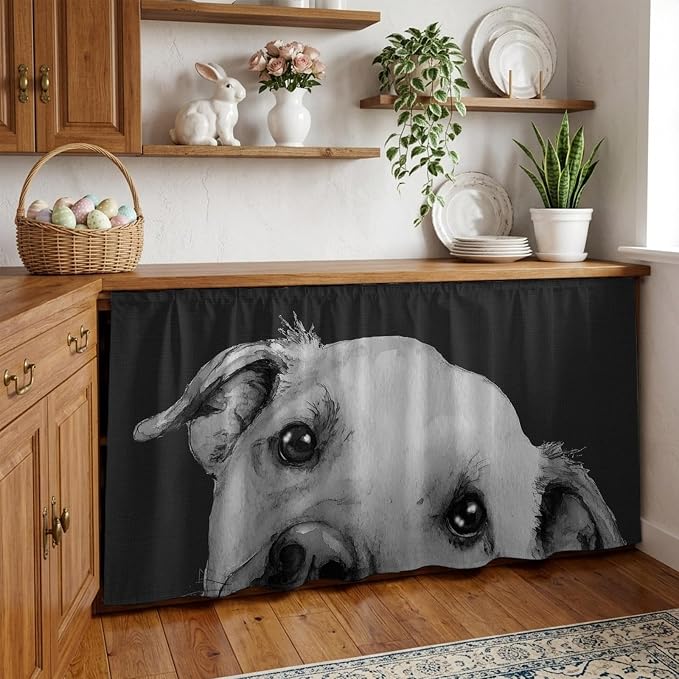 Black Dog Cabinet Curtain 32"Wx55"L,Dustproof Pantry Door Curtain with Self Adhesive Tape,Cute Pets Eyes Animals Fur Vintage Oil Painting Tall Storage Cover Privacy Drape for Bathroom Kitchen Laundry