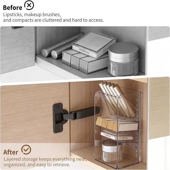 PAVSTINE Medicine Cabinet Organizer with Adjustable Dividers, Clear Vertical Layered Backward Slanting Shelves for Makeup Brush/Lip Gloss/Mascara Storage (3-Tier Slant-Gentle Slant)