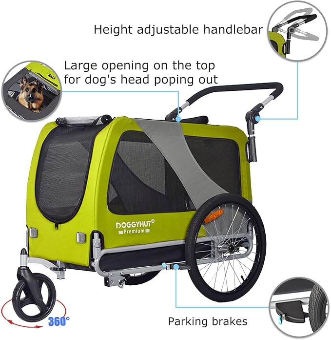 DOGGYHUT® Premium XL Pet Bike Trailer & Stroller Up to 100 lbs (Lime Green) | Bicycle Trailer for Small Medium or Large Dogs, Dog Bicycle Carrier, Low Center of Gravity, Folding Frame Cart