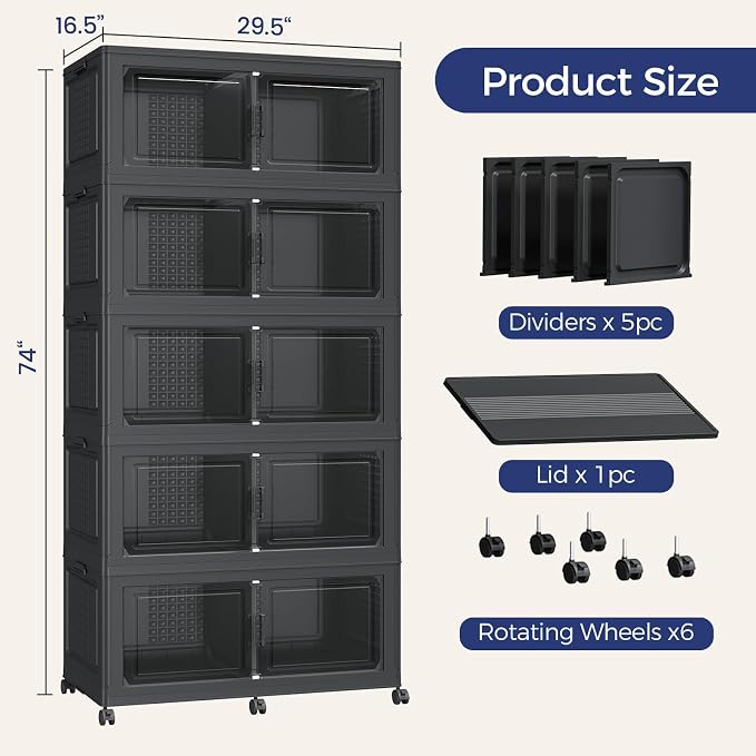 200Gal Stackable Storage Bins with Lid 5-Tier Collapsible Cabinet Closet Organizer Box with Wheels, 8000QT Large Plastic Drawer Container with Doors for Clothes Kitchen Organizing, Black