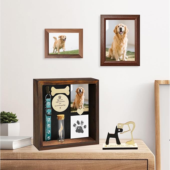 8.6'' Pet Shadow Box Memorial Gift with 1.8in Depth, Rustic Collar Holder Picture Frame Paw Print Kit Dog Cat Wooden Sculpture Pet Ashes Fur Jar Rainbow Sympathy Gift Tabletop Wall Hanging
