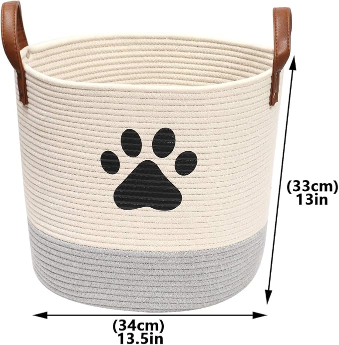 Geyecete Cotton Rope Basket with Leather handle Dog Cotton rope for dogs Laundry Basket Storage Bin dog bin Storage Bins-Natural Woven Basket-Beige/Gray